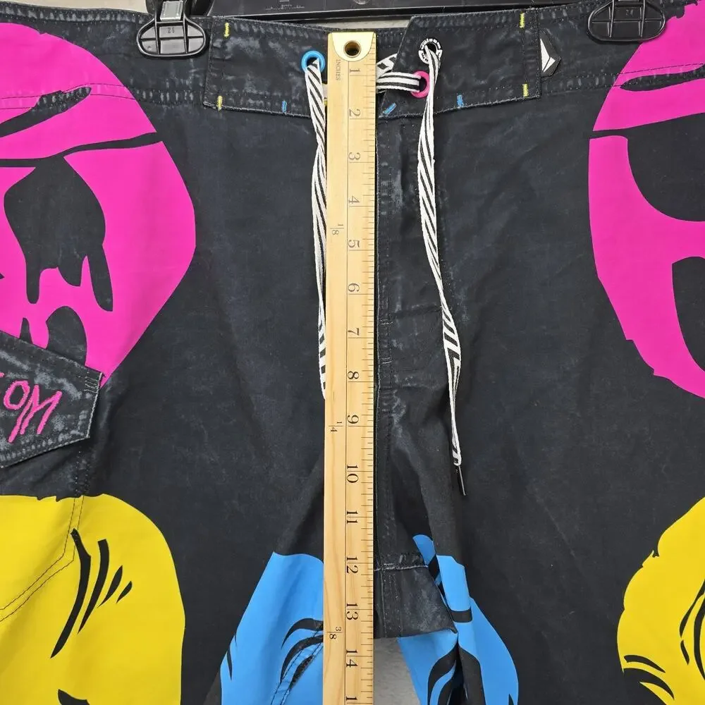 Vintage Volcom Board Shorts Mens 34 Black Y2K Neon Skull Swim Surf Artist Series